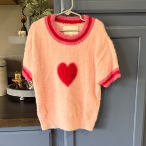 Pink Rose Fuzzy Pink Sweater with Red Heart